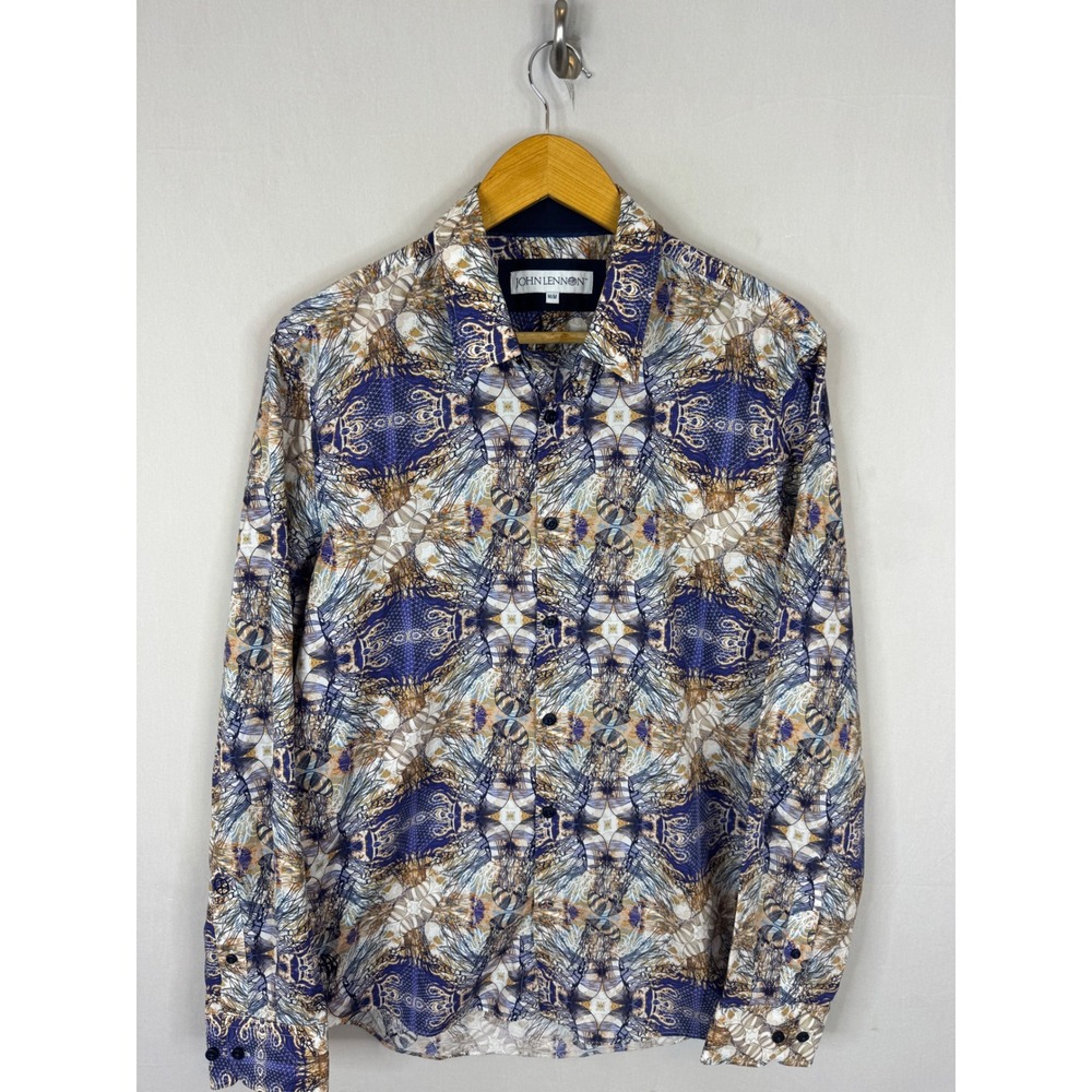John Lennon Mens Psychedelic Jellyfish Print Button Down Shirt Blue Tan Medium